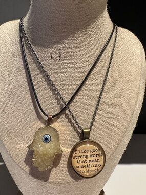 2 pieces Beige Druzy Hamsa Evil Eye Necklace - Inspirational Quote Pendant